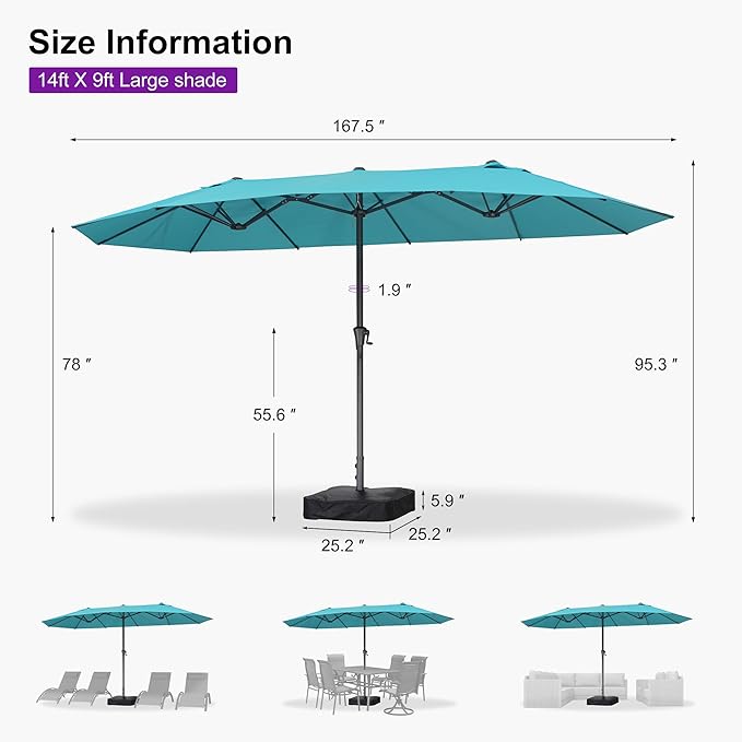 PURPLE LEAF 14ft Patio Market Umbrella Outdoor Double-Sided Umbrella with Base and Crank Rectangle Table Umbrella for Pool Deck Garden, Turquoise