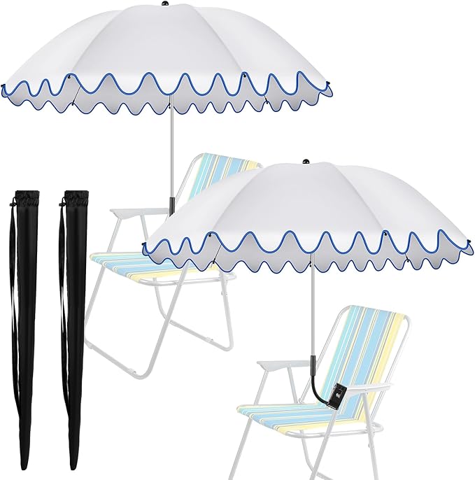 Abbylike 2 Pcs Scalloped Chair Umbrella with Universal Adjustable Clamp 38'' Portable Wheelchair Umbrella UPF 50+ Camping Chair Parasol with Bag for Outdoor Patio Lawn