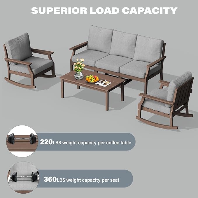 HDPE Patio Conversation Set, 6-Piece All Weather Outdoor Furniture Set with 2 Single Rocking Armchairs for Deck, Lawn, with Cushion, Brown