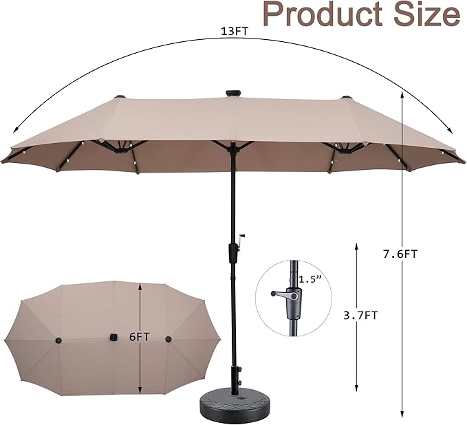 13 ft Patio Umbrella with 36 LED Lights, Large Rectangle Outdoor Solar Umbrella with Matching Base, Strap, Crank, Khaki