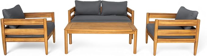Christopher Knight Home 4-Piece Outdoor Patio Furniture Set, Acacia Wood Conversation Set with Loveseat Coffee Table and 2 Single Chairs Cushions, Slatted Backyard Garden Seating Set, Dark Gray