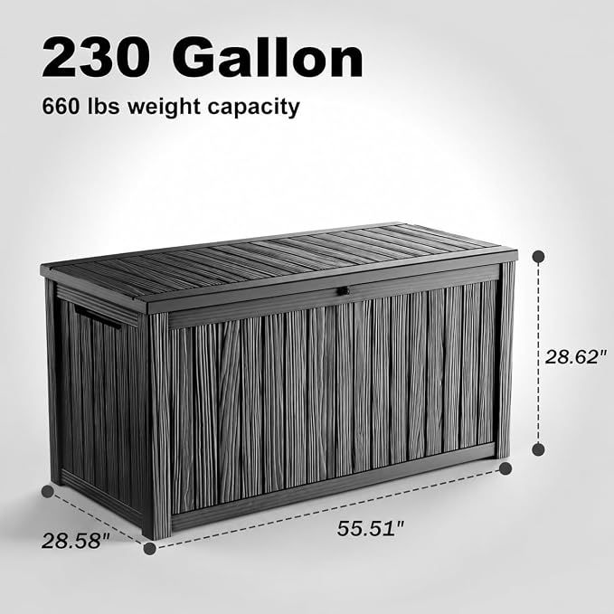 230 Gallon Outdoor Deck Box, Resin Waterproof Storage Box With Lockable Lid, UV-Resistant Multi-Purpose Outdoor Storage Bench for Patio Cushions, Garden Tools, Pool Accessories (Black)