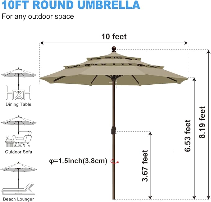 Eurmax USA 10-Year-Non-Fading 10FT 3-Tier Outdoor Patio Market Umbrella,UPF50+ UV Resistant,Heavy Duty Commercial Grade,Crank Lift Design,Windproof Vented Top for Garden,Pool,Deck,Mushroom