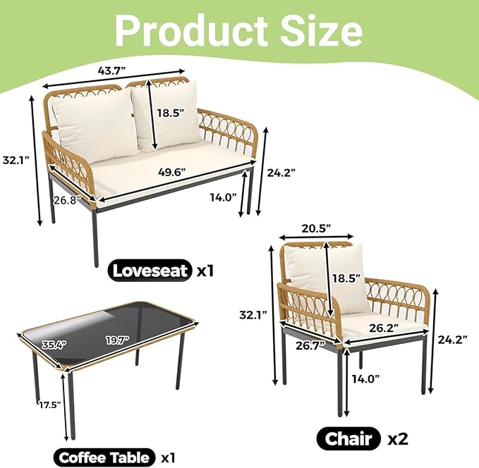4-Piece Outdoor Wicker Patio Living Room Set – Stylish Rattan Balcony Furniture with Chaise Lounge, 2 Cushioned Armchairs, and Elegant Glass Coffee Table–Perfect for Porch or Deck Lounging