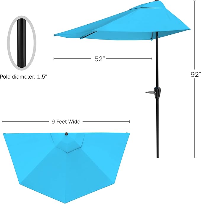 Half Umbrella Outdoor Patio Shade - 9 ft Patio Umbrella with Easy Crank - Small Canopy for Balcony, Table, or Deck by Pure Garden (Blue)