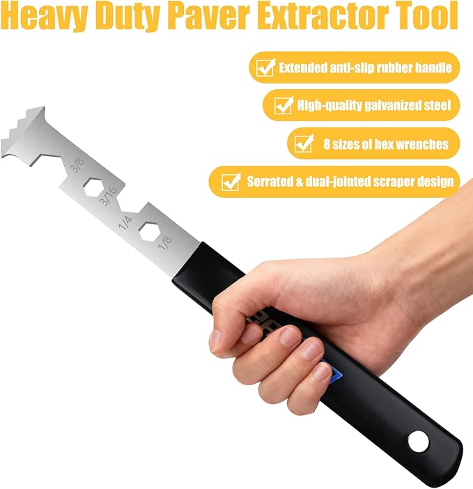 2-in-1 Paver Removal Tool with Hex Wrench, Heavy-Duty Steel Paver Lifter & Puller with Dual-Jointed Scraper, Micro-Serrated Groove & Non-Slip Handle, Paver Extractor Tool for Garden, Patio, Driveway
