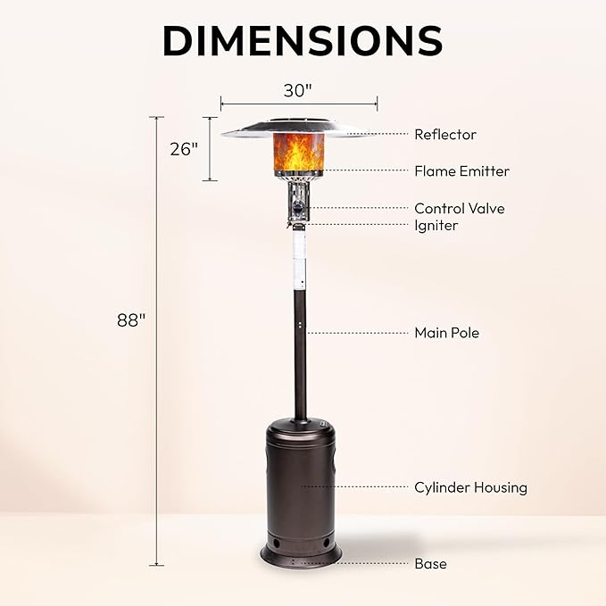 HEXAGO Outdoor Propane Patio Heater, 47,000 BTU Stainless Steel Standing Heater with Wheels, One-Touch Ignition & Adjustable Heat Control, Safety Auto Shut-Off System for Garden, Backyard & Restaurant