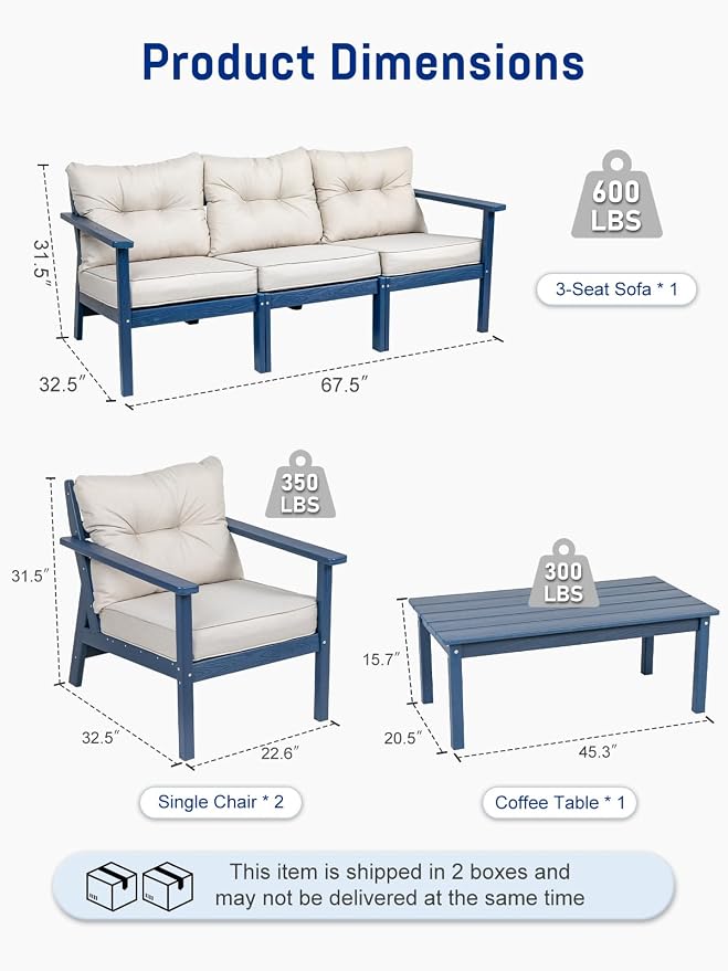 HDPE Patio Conversation Set 5 Seats, Outdoor Furniture Set, Patio Sofa Set | Water-Resistant Thick Cushion, HDPE All Weather, Wood-Grain, No Rot or Rust or Crack, UV Fade Shield, Easy-Clean for Outside