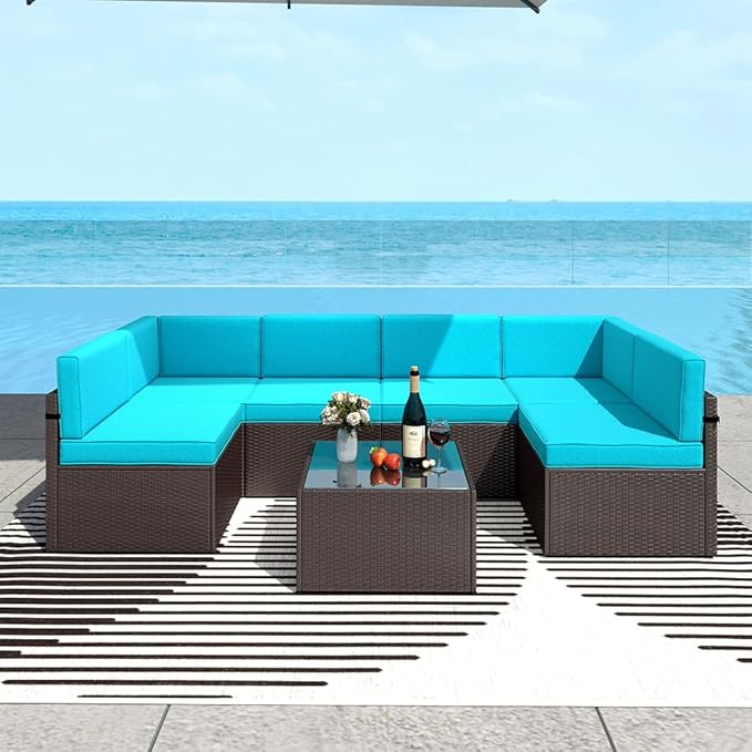 FIZZEEY 7 PCs Outdoor Patio Furniture PE Wicker Rattan Sectional Conversation Sofa Set, Turquoise