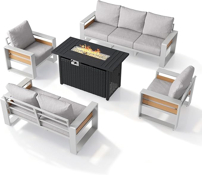 Aoxun Aluminum Patio Furniture Set with Fire Pit Table, 5 Piece Luxury Outdoor Sectional with 6" Olefin Fabric Cushions, Patio Conversation Sets with Waterproof Cover for Backyard, Porch Grey