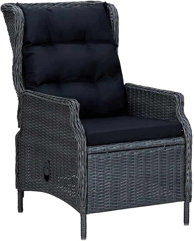 7 Piece Patio Dining Set Dark Gray Solid Acacia Wood Table with Curved Legs Weather-Resistant PE Rattan Chairs Thick Cushions Modern Outdoor Furniture for Backyard Balcony and Garden