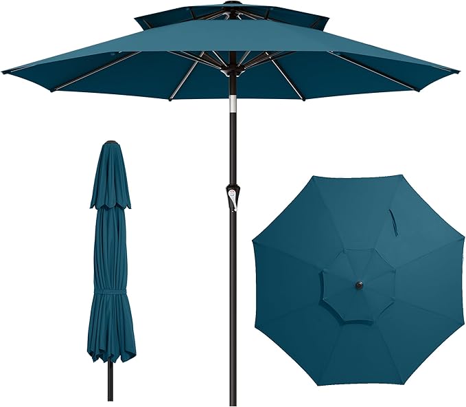 AreShark 9ft 2 Tiers Patio Umbrella - Outdoor Umbrella Waterproof UV Protection, Market Table Umbrella w/Push Button Tilt&Crank for Pool, Porch, Garden(Lake Blue)
