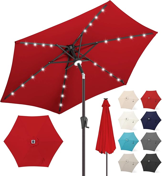 FLAME&SHADE 10ft Solar Outdoor Umbrella - 24 LED Lighted Patio Umbrella with Centre Surround Light, Table Umbrellas with Tilt & Crank for Pool, Porch, Garden, Deck, Backyard UV Protection (Red)