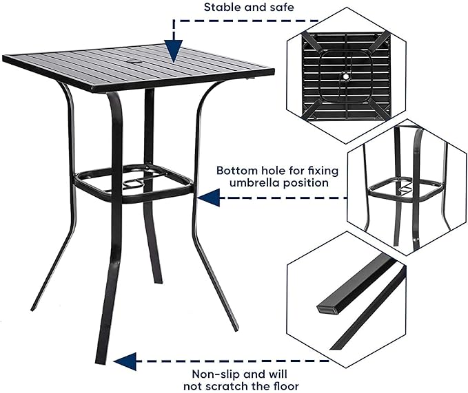 Patio Bar Table, Outdoor Bar Height Bistro Table with Umbrella Hole, Metal Frame and Slat Design (Black)