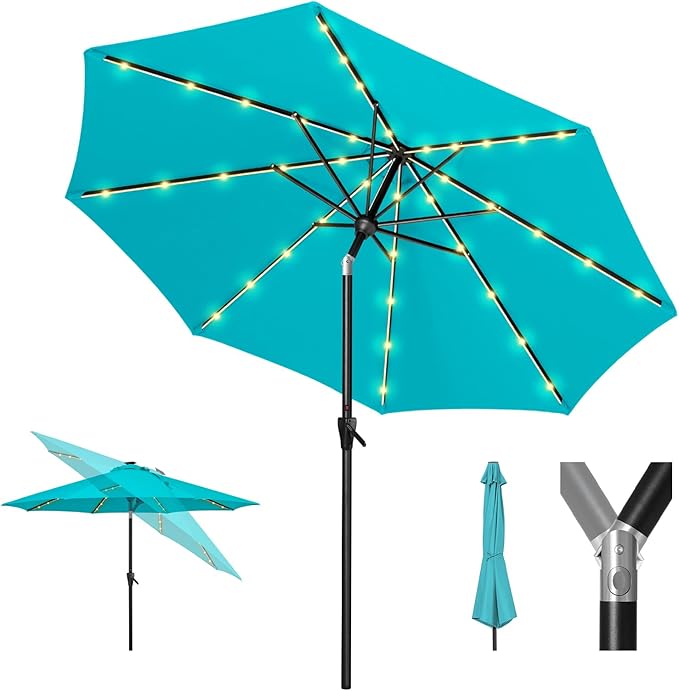 Tempera Solar Patio Umbrella 40 LED Lighted Outdoor Umbrella Table Market Umbrella with Push Button Tilt and Crank, Solar Umbrella with Sturdy Pole&Fade Resistant Canopy, Easy to Set