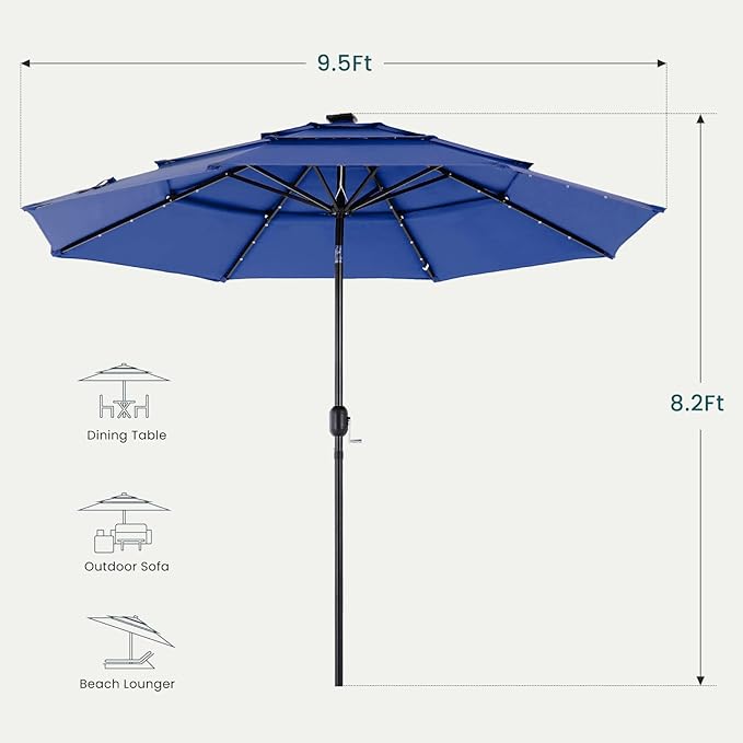 DUMOS 10FT 3 Tier Patio Umbrella with 32 LED Lights, Outdoor Patio Umbrella with Crank, Table Umbrellas 8 Sturdy Ribs for Pool, Market, Terrace, Beach, Outdoor Restaurant, Blue