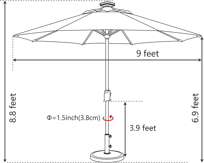 EliteShade USA 10-Year-Non-Fading 9ft Market Patio Umbrella, Commercial Grade Table Sun Umbrella with 80 Solar LED Lights, Crank Open, Windproof & UPF 50+ UV Protection for Garden, Deck, Pool, Backyard, Black