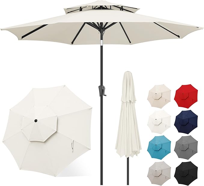 FLAME&SHADE 9ft Patio Umbrella - 2 Tiers Outdoor Umbrella with Push Button Tilt and Crank for UV Protection, Table Market Umbrella for Garden, Deck, Backyard, Pool and Beach(Ivory)