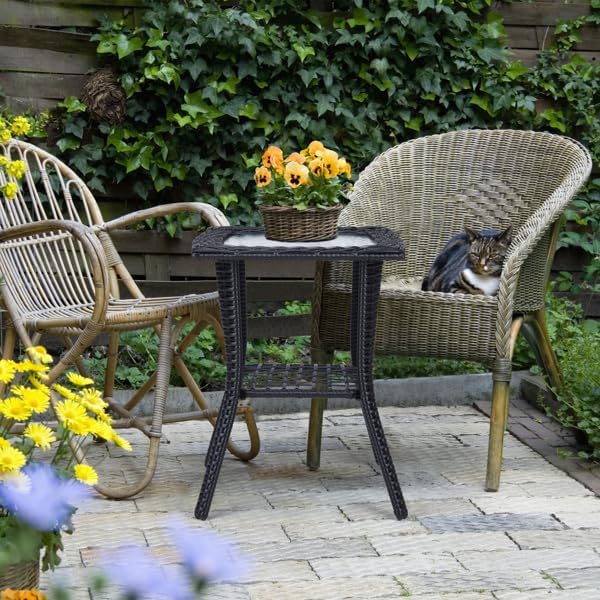 Outdoor Wicker Side Table, Rattan End with Glass Top, Patio Coffee Bistro for Indoor Garden Porch Balcony (Black)