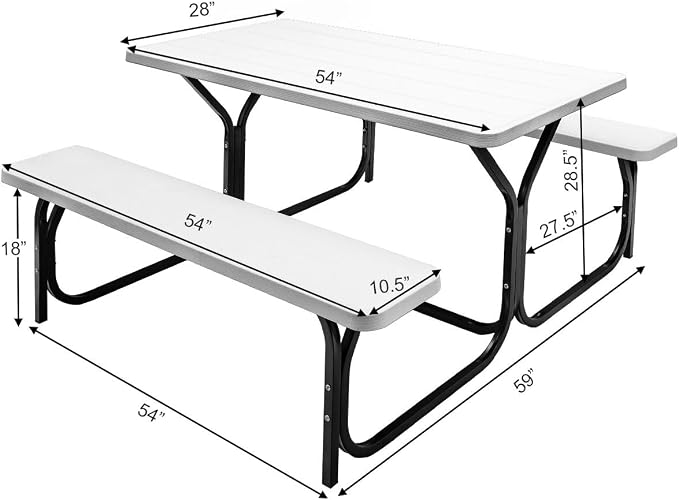 MEDIMALL Picnic Table, Portable Picnic Tables with Benches, Plastics Picnic Table Bench Set with Metal Frame & All Weather Tabletop, Large Camping Picnic Table for Outdoors, Backyard, Garden (White)