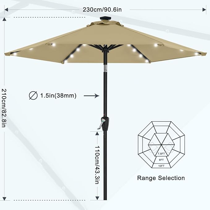 MASTERCANOPY 7.5FT 6Ribs Patio Umbrella with 32 Solar LED Lights, Outdoor Market Umbrella with Tilt & Crank, UV Protection & Fade Resistant Fabric, Easy Set-Up for Garden, Deck, Pool (Khaki)