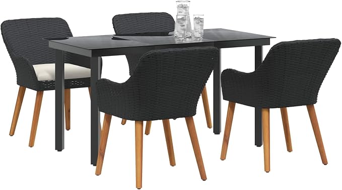 Garden Dining Set with Cushion 5 pcs Black Poly Rattan Outdoor Patio Furniture Table and 4 Chairs for Backyard Poolside Deck Porch Lawn Weather Resistant Easy Assembly
