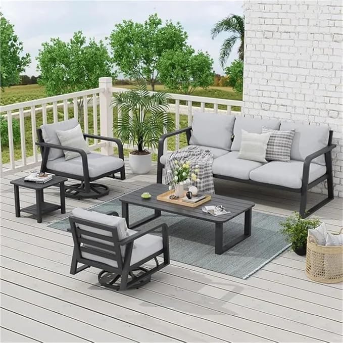 5-Piece Outdoor Sofa Patio Furniture Set All-Weather Aluminum Frame with Swivel Rocking Chairs Outdoor Sofa Bistro Set
