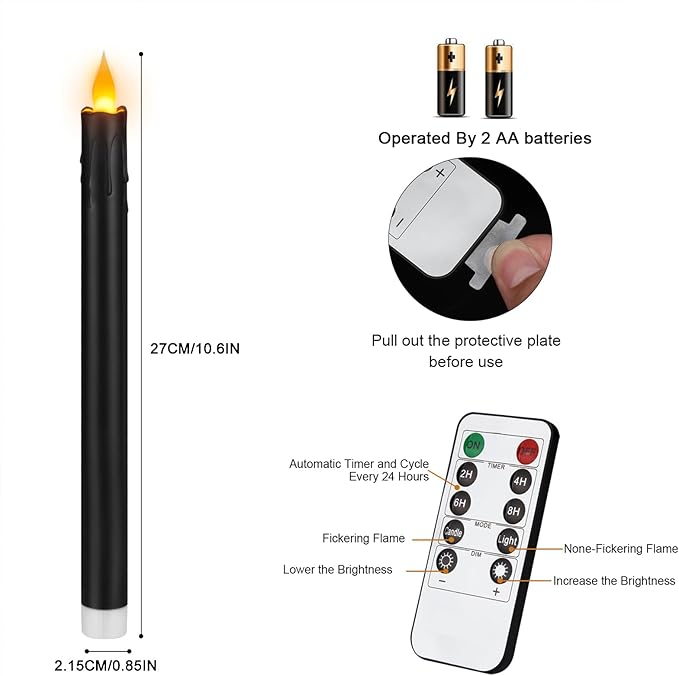 wemarry Flameless Taper Candles 10.6" Dripless Battery Operated Taper Candles Included Remote Timer 400+ Hours by 2AA Batteries for Halloween Christmas Wedding (Black, 6 Pack)