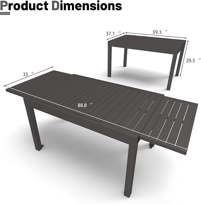 All Aluminum Expandable Patio Dining Table for 6-8 People, Extendable Outdoor Dining Room Table, All Weather Patio Furniture, Rectangular Metal Table with Adjustable Width 59"- 89", Dark Brown