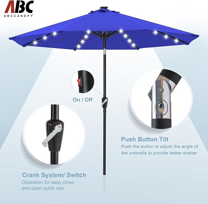 ABCCANOPY Durable Solar Led Patio Umbrellas with 32LED Lights 9FT (Blue)