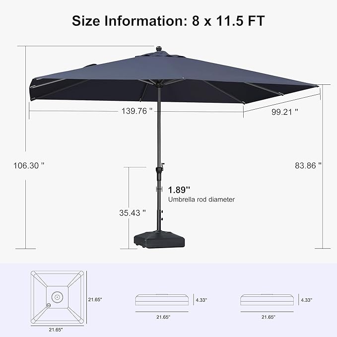 PURPLE LEAF 11.5' x 8' Rectangle Patio Market Umbrella with Base Outdoor Table Umbrellas Aluminum Frame Sun Shade with 8 Sturdy Ribs for Garden Deck Lawn Pool Navy Blue