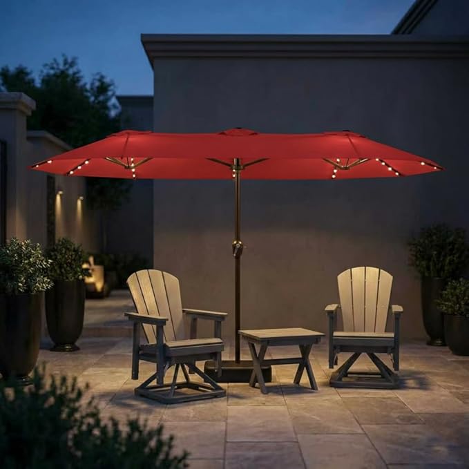 15FT Patio Umbrella with Solar Lights, Double-Sided Extra Large Outdoor Table Umbrella with Base Included, Heavy-Duty 12 Iron Ribs Market Umbrella for Garden, Pool, Backyard, Red