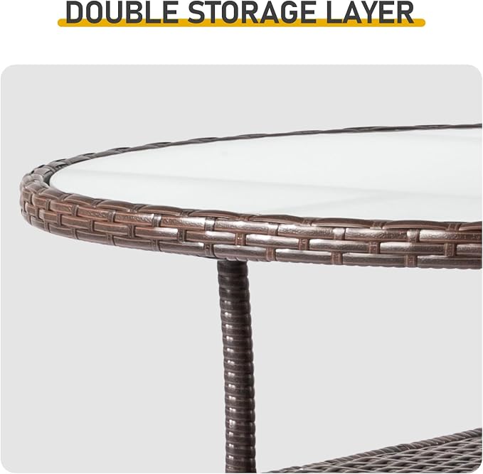 31.5" Patio Rattan Dining Table, Outdoor Patio Wicker Round Dining Table, Frosted Glass Tabletop,Double-Layer Storage, Fits 4-Person Dining for Backyard Deck Porch Poolside, Brown