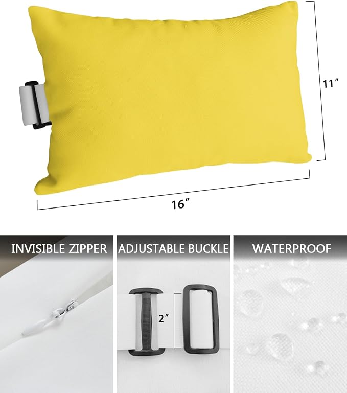 Outdoor Pillows Covers with Inserts Pure Yellow Solid Color Waterproof Recliner Pillow with Adjustable Strap Throw Pillows for Patio Furniture Pool Lounge Chair, 11x16 inch, 1PCS