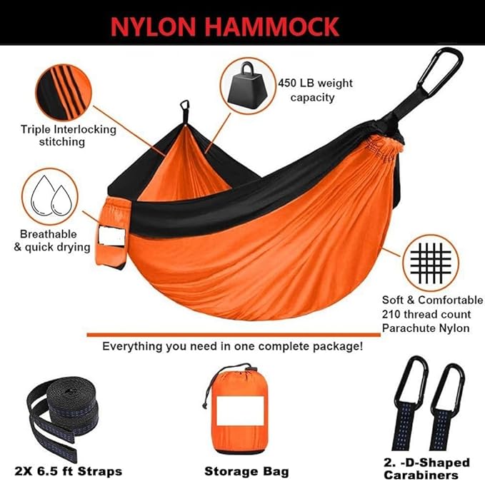 Double Hammock,mosquito Net Camping,Comfortable and Breathable, Easy to Carry, Made of Nylon, 118 Inches Long, Multi-scenario Hammock for Camping and Gardening(Orange,260X140CM)