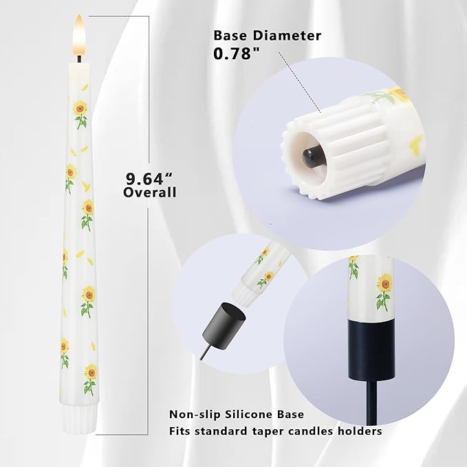 Sunflower Taper Candles Battery Operated, 9.6" Real Wax Flameless Candles with Remote, Flickering LED Candlesticks for Home, Wedding, Party Decor, 3 Pack
