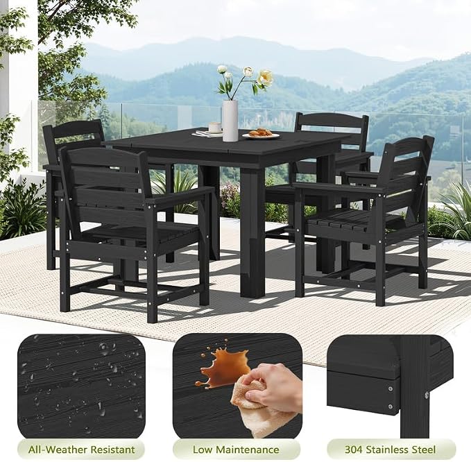 KINGYES 5-Piece HDPE Outdoor Dining Set for 4, Square Patio Table & Armchairs with Umbrella Hole, All-Weather Patio Dining Set for Backyard, Garden, Lawn & Poolside, Black