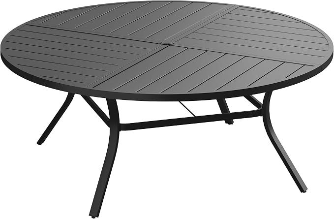 VICLLAX 63" Round Outdoor Table, Patio Dining Table for 8-10 with Umbrella Hole for Garden Lawn Deck Backyard, Black