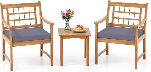 HAPPYGRILL 3 Piece Acacia Wood Patio Conversation Set, Outdoor Bistro Set with Cushions, Solid Wood Frame, 2 Armchairs & Coffee Table Set for Backyard, Porch, Poolside (Gray)