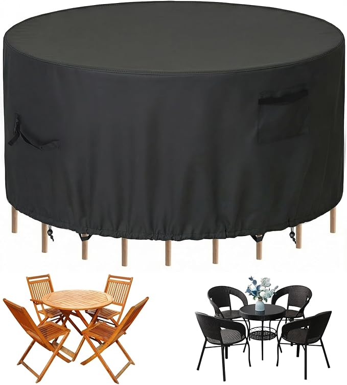 Haige Round Patio Furniture Cover 54" Dia x 28" H, 600D Waterproof Outdoor Table & Chair Set Cover, Heavy Duty, Windproof, UV Resistant, Fade-Proof, with Air Vents & Drawstring, Black