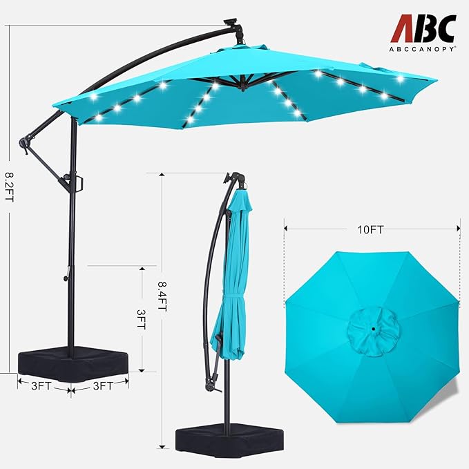 ABCCANOPY 10FT LED Patio Umbrellas Cantilever Umbrella with base, 360° Rotation Outdoor Lighted Offset Umbrella Bonus Fix Frame & Weights Bag for Backyard, Deck, Poolside (Turquoise)