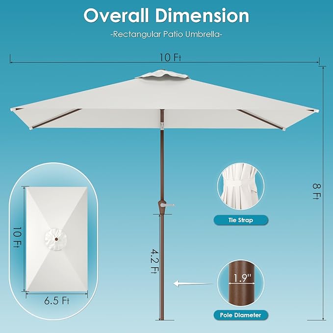 GREENVINES 6.5X10 FT Rectangular-Patio-Umbrella | Outdoor-Table-Umbrellas | 6 Sturdy Steel Ribs | Push Button Tilt & Crank | Waterproof | Market Umbrella | for Pool Backyard Garden Deck | Beige