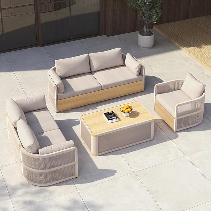homary 4-Pieces Outdoor Sectional Sofa Sets, Modern Aluminum & Rope Outdoor Swivel Sofa Patio Furniture Set Patio Conversation Sets with Coffee Table for 6, Suitable for Gardens, Patios and Balconies