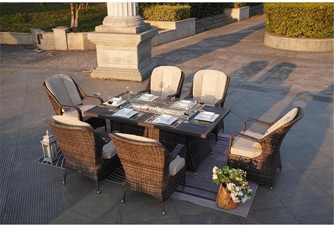 Brown Aluminum 6-Seat Patio Rectangle Firepit Dining Set with Chairs