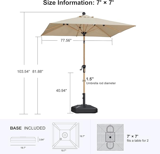 PURPLE LEAF 6.5' x 6.5' Patio Umbrella with Base Square Outdoor Table Umbrella Market Umbrella with Push Button Tilt & Crank and 8 Ribs Aluminum Outdoor Umbrella for Pool Backyard Beach, Beige