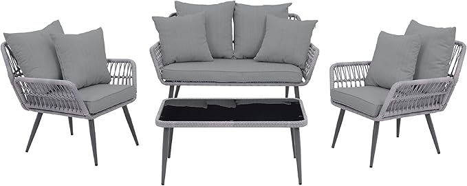 Manhattan Comfort Portofino 4-Piece Patio Conversation Set, Rope Wicker Design with Waterproof Cushions | Outdoor Furniture Includes 2 Armchairs, Loveseat & Coffee Table with Tempered Glass Top, Grey
