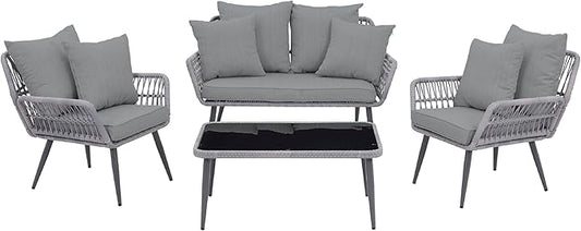 Manhattan Comfort Portofino 4-Piece Patio Conversation Set, Rope Wicker Design with Waterproof Cushions | Outdoor Furniture Includes 2 Armchairs, Loveseat & Coffee Table with Tempered Glass Top, Grey