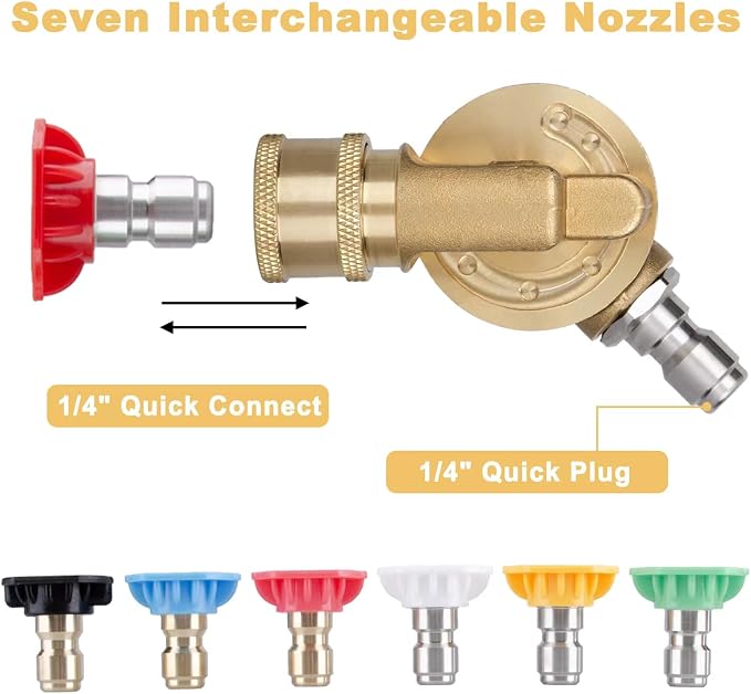 Pressure Washer Pivoting Coupler Kit - 240 Degree Rotation, Includes Gutter Cleaner Attachment, 7 Spray Nozzle Tips with Holder,1/4" Quick Connect - 4500 PSI