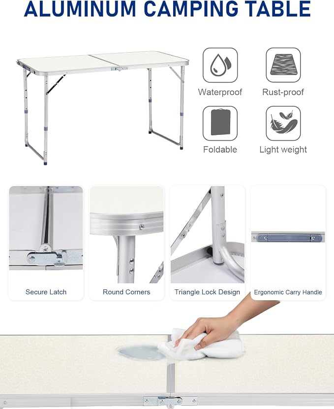 Outvita 4ft Portable Folding Camping Table, Outdoor Waterproof Adjustable Height Table, Aluminum Lightweight Suitcase Foldable Table for Picnic BBQ Beach Dining