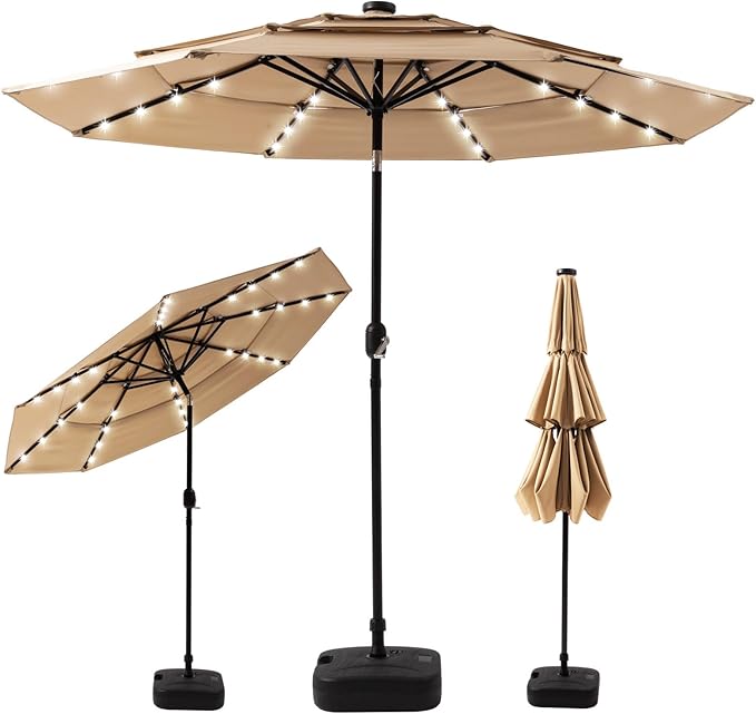 COSIEST 9FT 3 Tiers Patio Umbrella with Solar Lights, LED Outdoor Umbrellas with 8 Sturdy Ribs, Market Patio Table Umbrella with Push Button Tilt, Pool Umbrellas for Garden, Pool, Backyard